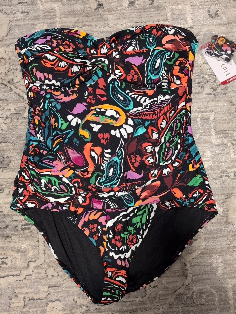 Anne Cole Black Paisley Bandeau One-Piece Swimsuit with Multicolor Print